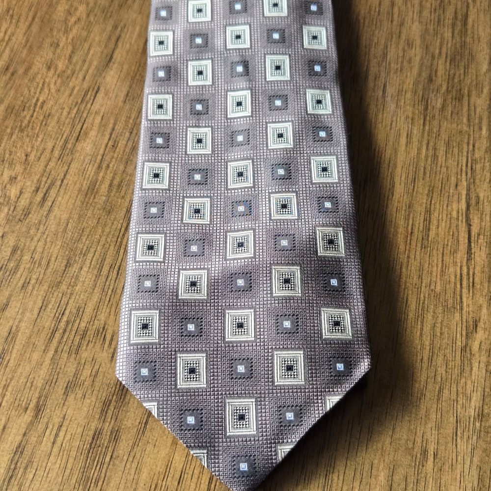Screenplay by Martin Wong Mens Silk Tie Geometric Squares Taupe Brown XL 3.75"